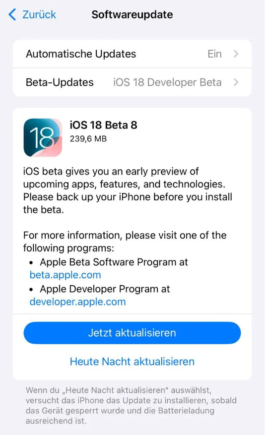 瓯海苹果手机维修分享苹果 iOS / iPadOS 18 开发者预览版 Beta 8 发布 